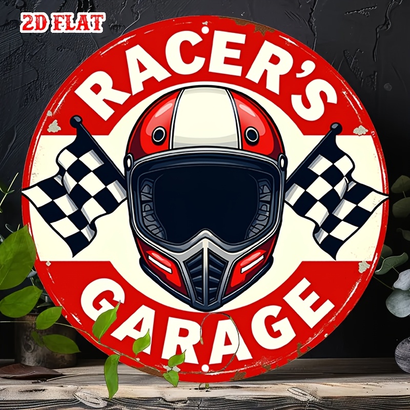 Vintage Fashion Font - ป้ายโลหะวินเทจ 2 มิติ 1 ชิ้น ป้ายสไตล์โบราณพร้อมธงแข่งรถและหมวกกันน็อค