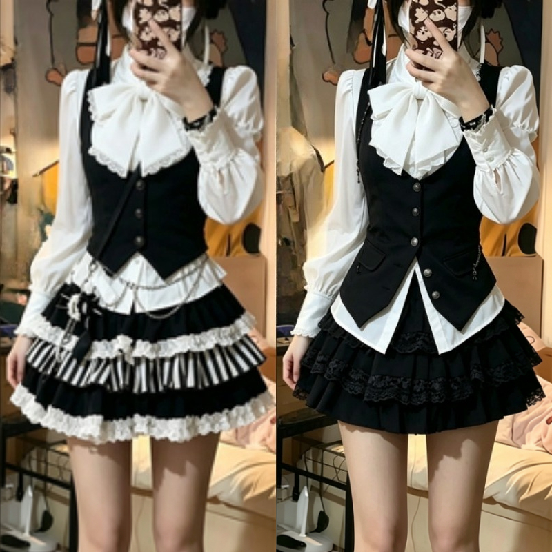 Vintage Fashion Retro Outfit - ชุดสามชิ้นสไตล์ฝรั่งเศสย้อนยุคสำหรับผู้หญิง เสื้อแขนยาวหรูหรา เสื้อกั๊กด้านใน กระโปรงสั้น ชุดแฟชั่นสำหรับงานเลี้ยงอย่างเป็นทางการสไตล์วินเทจ
