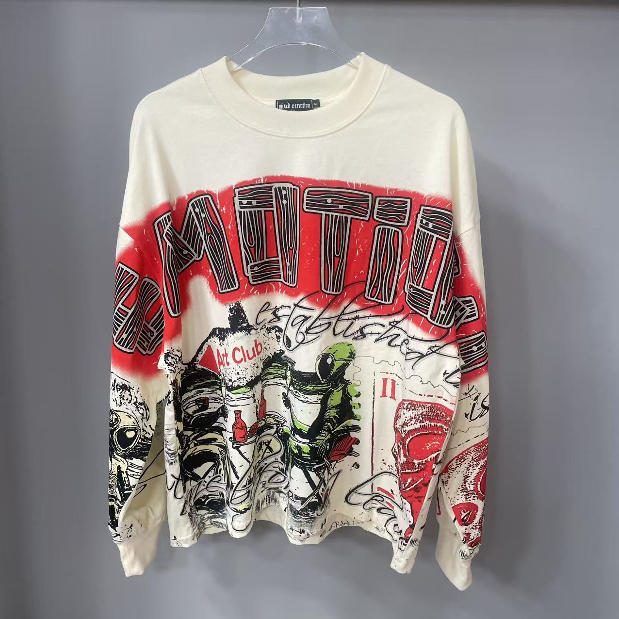 Vintage Fashion Style - เสื้อยืดแขนยาวดีไซน์เนอร์คุณภาพสูง MIXED-EMOTION ผ้าฝ้าย 100% สำหรับผู้ชายและผู้หญิง ลายพิมพ์วินเทจและประดับคริสตัล