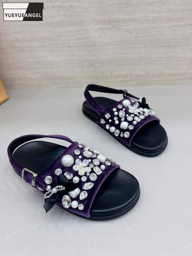 Vintage Fashion Ladies - รองเท้าแตะรัดส้นแบบสวมลำลองสำหรับฤดูร้อน ระบายอากาศได้ดี ประดับเพชร แฟชั่น หนังกลับ รองเท้าชายหาด