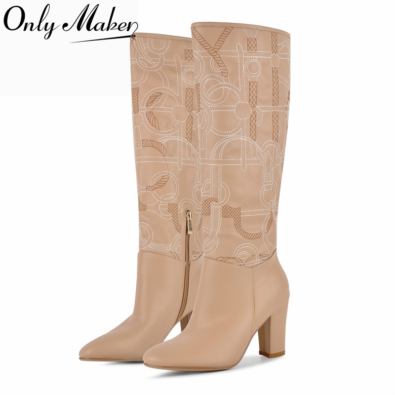 Vintage Zipper - Onlymaker รองเท้าบูทสูงถึงเข่าปักลายแอปริคอต หัวกลม ส้นบล็อก ซิปด้านข้าง หนังเทียม