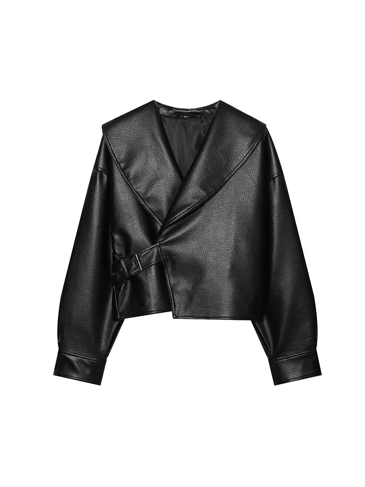 Vintage Fashion Retro Outfit - เสื้อแจ็คเก็ตหนัง PU สำหรับผู้หญิง ทรงสั้น มีปก รุ่น