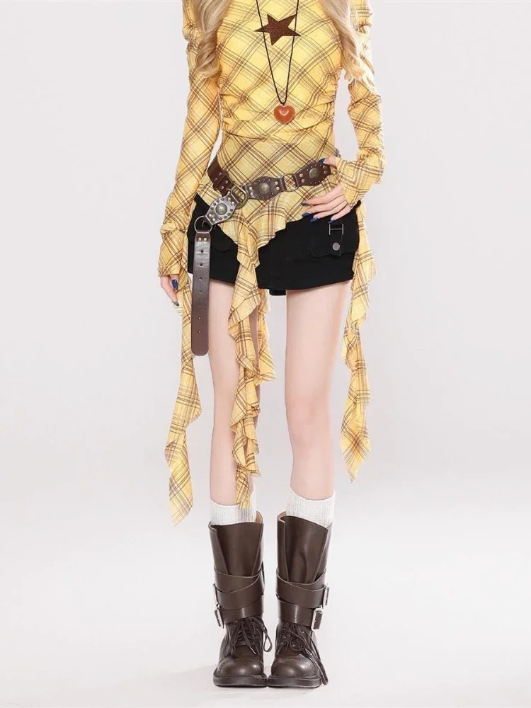 Vintage Fashion Women - เสื้อยืดวินเทจลายสก๊อต Y2K สำหรับผู้หญิง, เสื้อรัดรูปสไตล์กรันจ์, เซ็กซี่สไตล์แฟรี่