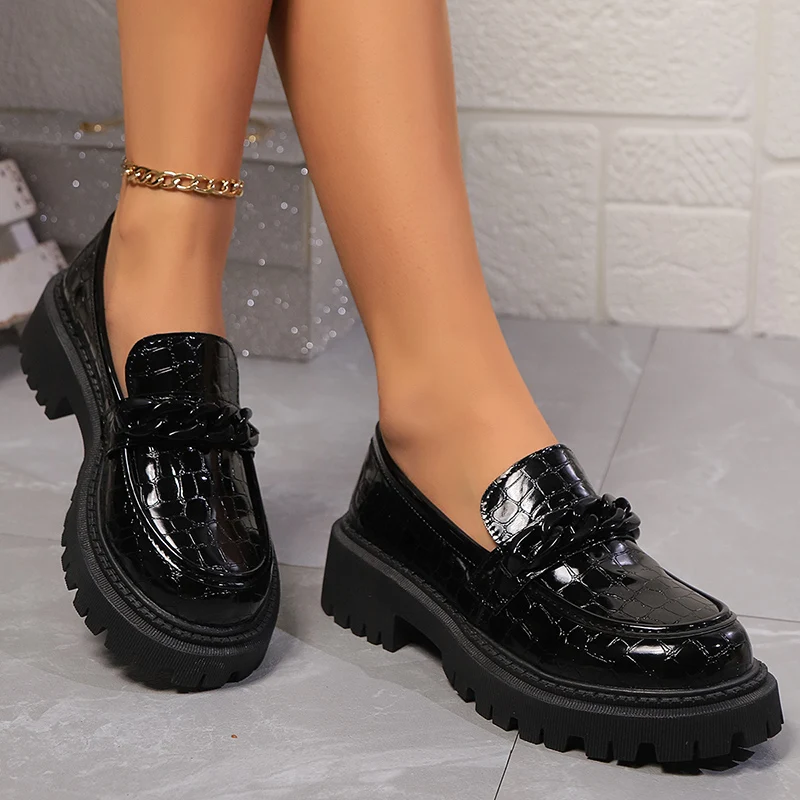 Vintage Fashion Ladies - แพลตฟอร์ม Chunky Square Heel Loafers ผู้หญิง