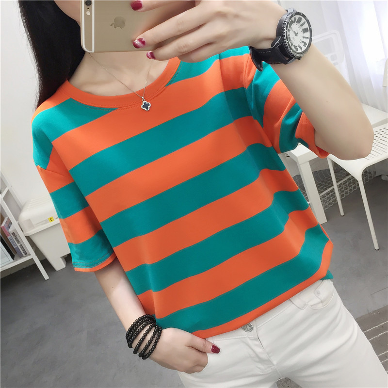 Vintage Fashion Influencers - เสื้อยืดเด็กผู้หญิงแขนสั้นลายทางสุดฮิต ทรงหลวม ผ้าโพลีเอสเตอร์ผสม สไตล์ลำลองแฟชั่นฤดูร้อน ให้ความรู้สึกวินเทจ ผสมผสานกลิ่นอายเกาหลี
