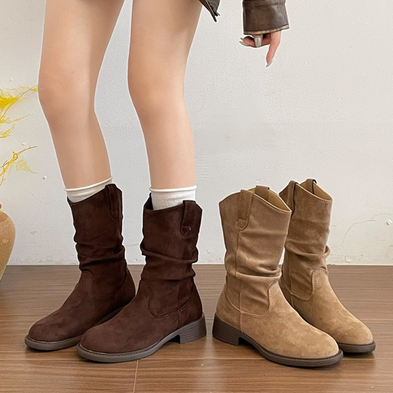 Vintage Style Women Fashion - รองเท้าบูทสั้นส้นหนาแบบวินเทจสำหรับผู้หญิง สไตล์ตะวันตก ดีไซน์จีบ แฟชั่นสำหรับงานเลี้ยงและปาร์ตี้ รองเท้าส้นเตี้ยแบบสวมสำหรับผู้หญิง