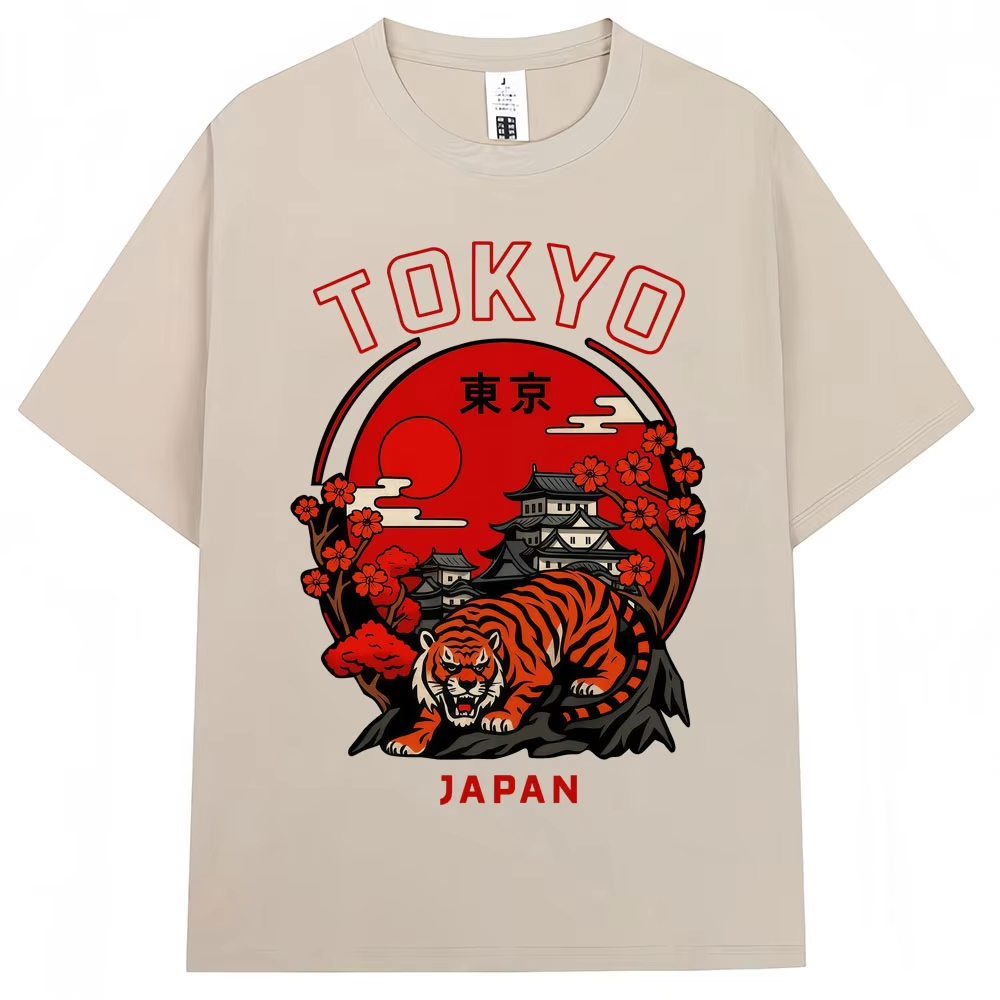 Vintage Fashion Tokyo - เสื้อยืดลายกราฟิกซากุระสไตล์ญี่ปุ่น Tokyo Tiger สำหรับผู้ชายและผู้หญิง แฟชั่นวินเทจ แขนสั้น