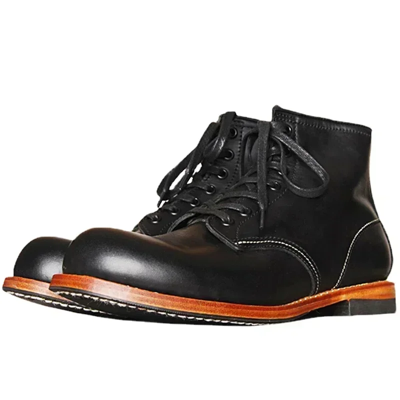 Vintage Fashion Style - Vintage Men Goodyear-Welted ของแท้รองเท้าหนังผู้ชาย Handmade ทํางานงานแต่งงานข้อเท้ารองเท้าสบายๆแฟชั่น