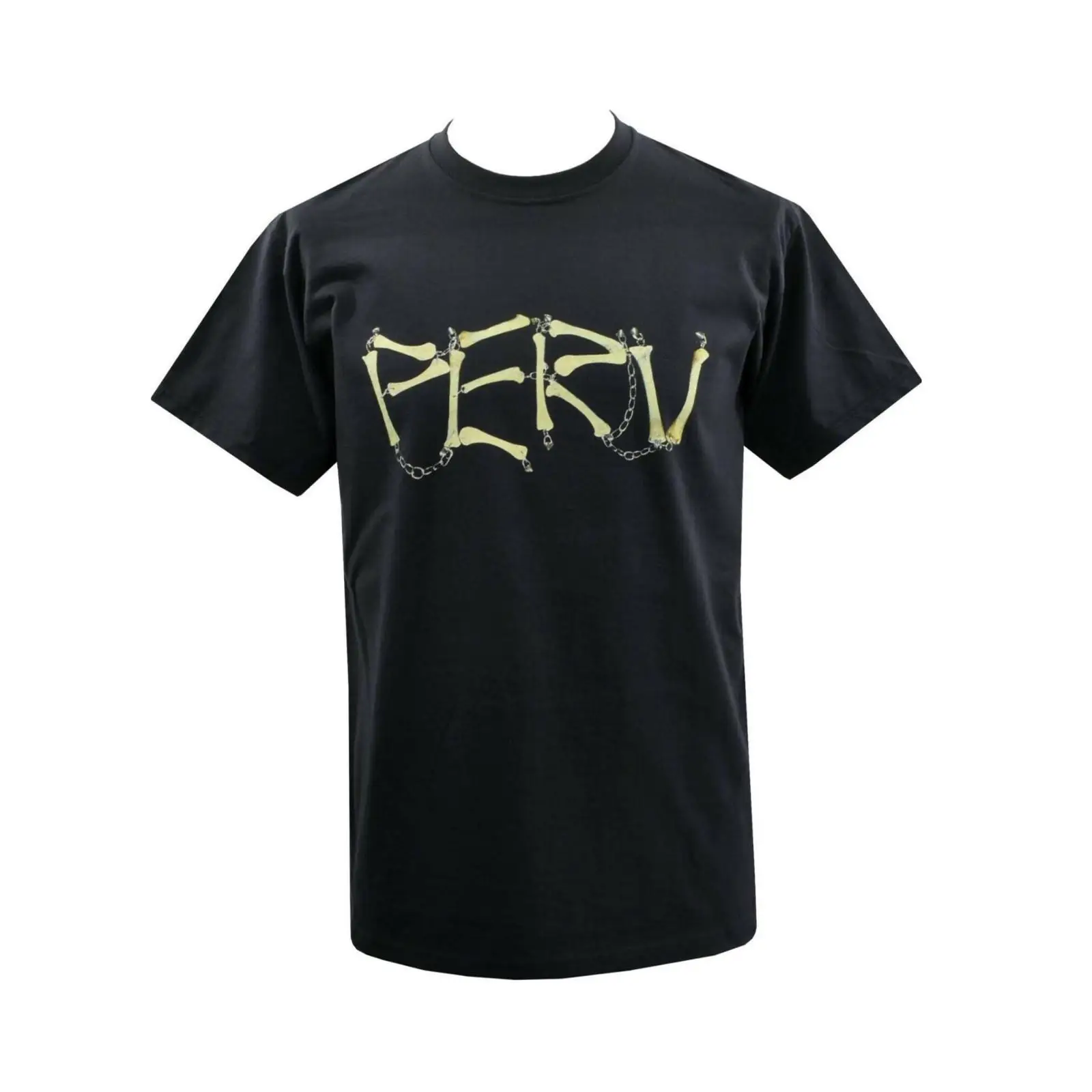 Vintage Fashion Font - เสื้อยืด PERV Bones ลายกราฟิกแนวพังก์พร้อมโซ่และลายตัวอักษรกระดูก สไตล์วินเทจ ล้างสีแล้ว