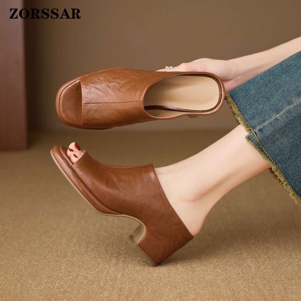 รองเท้าส้นตึกแบบสวมเปิดส้นสำหร - Vintage Fashion Ladies บทวิจารณ์และราคา