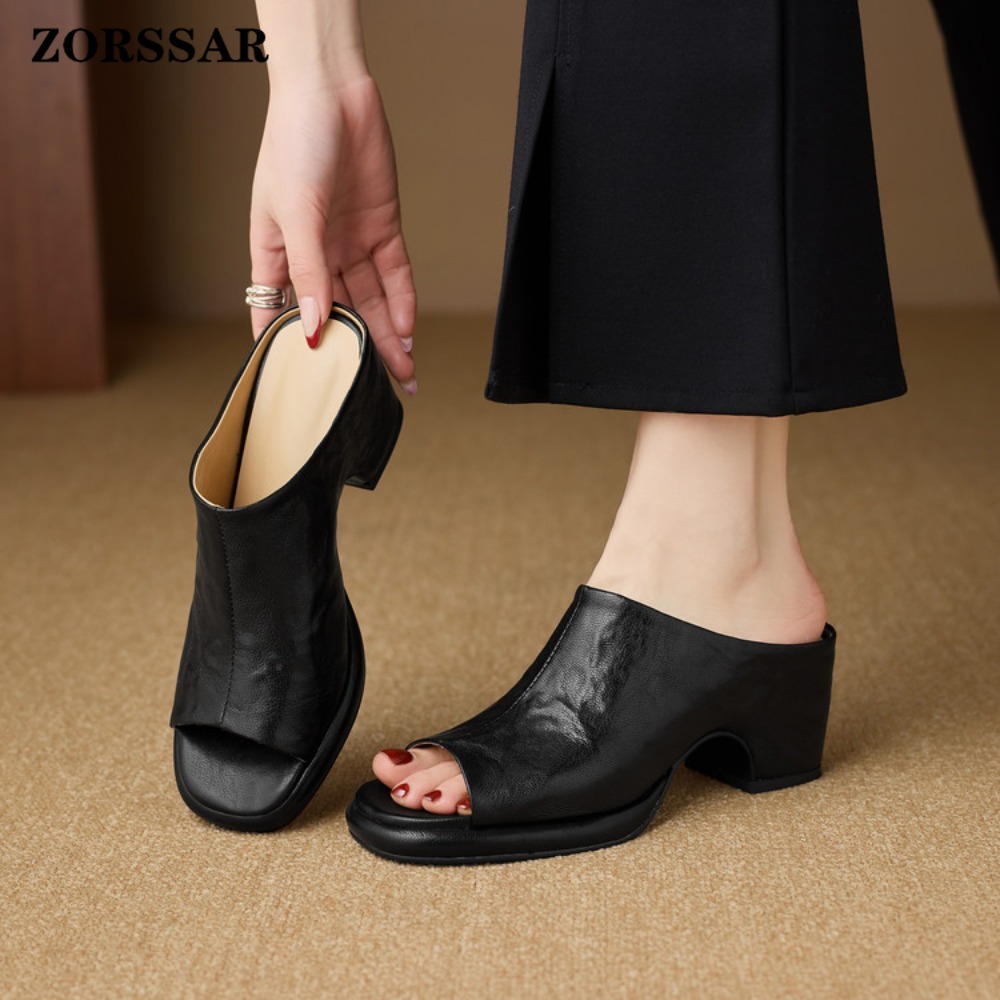 รองเท้าส้นตึกแบบสวมเปิดส้นสำหร - Vintage Fashion Ladies บทวิจารณ์และราคา