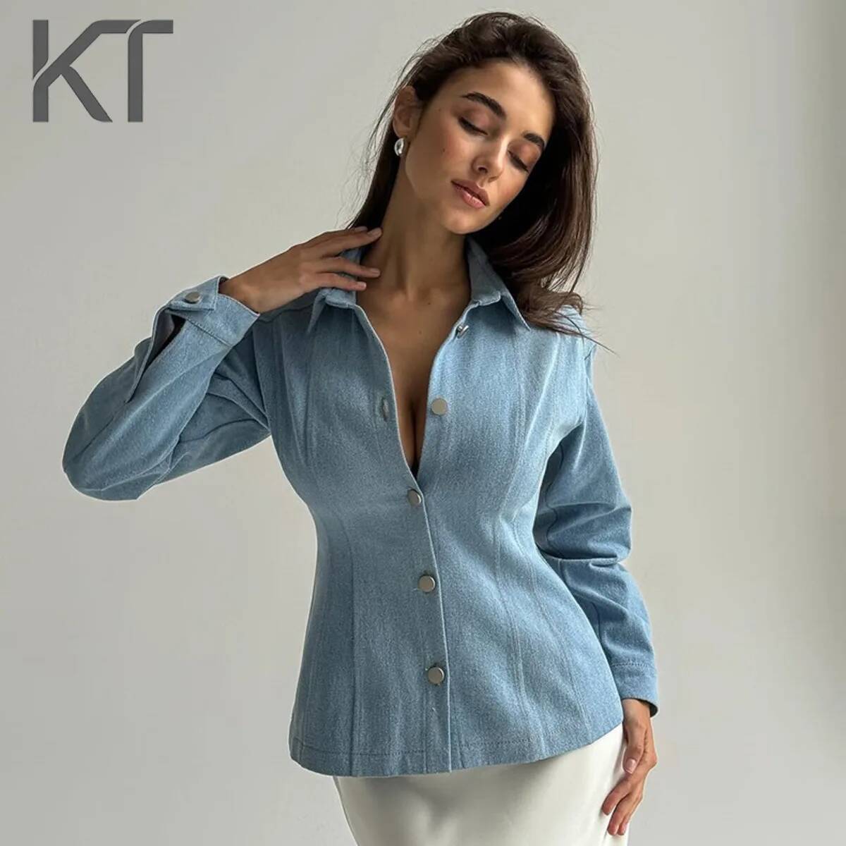 เสื้อเชิ้ตเดนิมทรงเข้ารูป KT V - Vintage Fashion Women บทวิจารณ์และราคา